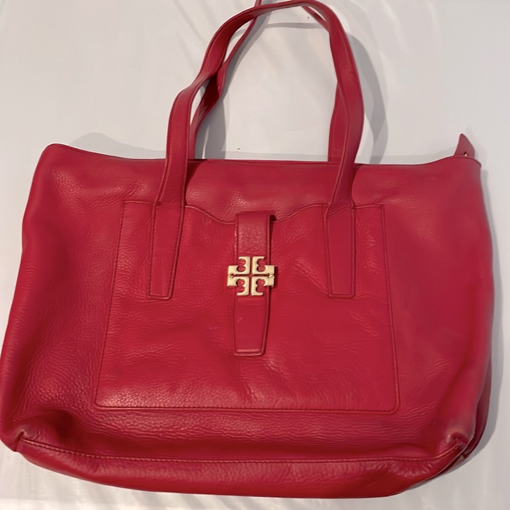 Tory Burch Red Leather Shoulder Bag with Gold Logo